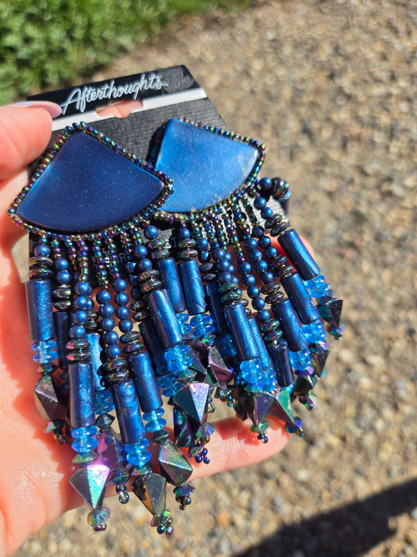 Deadstock Vintage Blue Iridescent Beaded Fringe Pierced Earrings