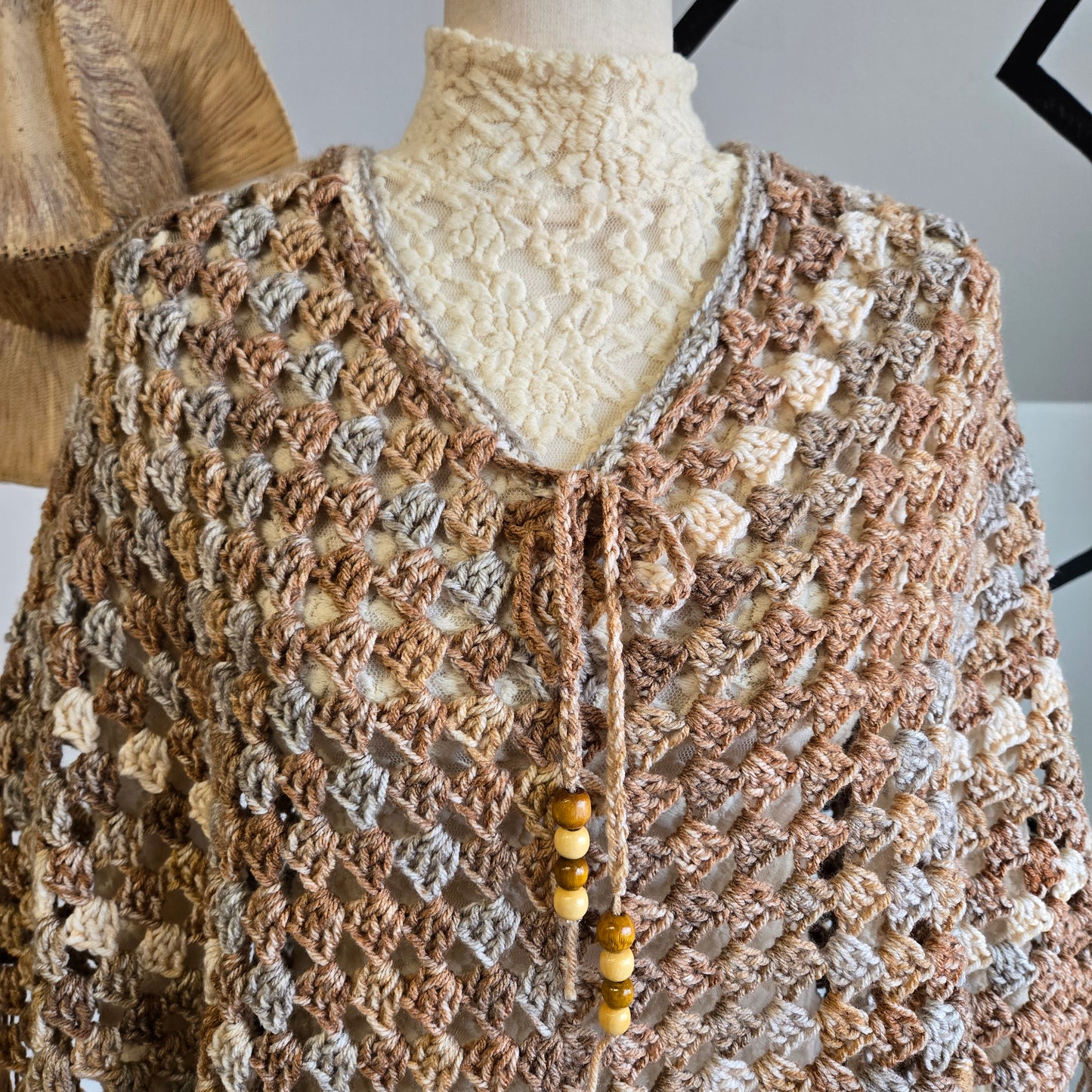 Vintage Handmade Brown/Gray/Ivory Crochet Poncho with Beaded Tie Front - OS