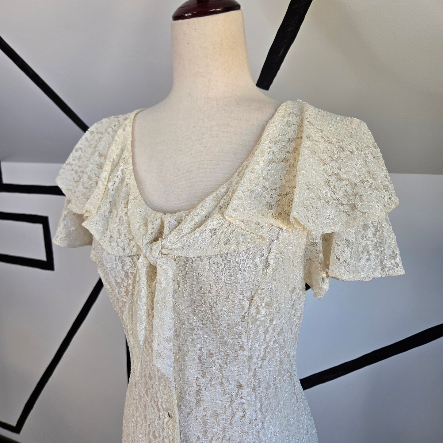 All That Jazz Vintage 80s Shear Ivory Lace Dress with Cape Flutter Sleeve - Small