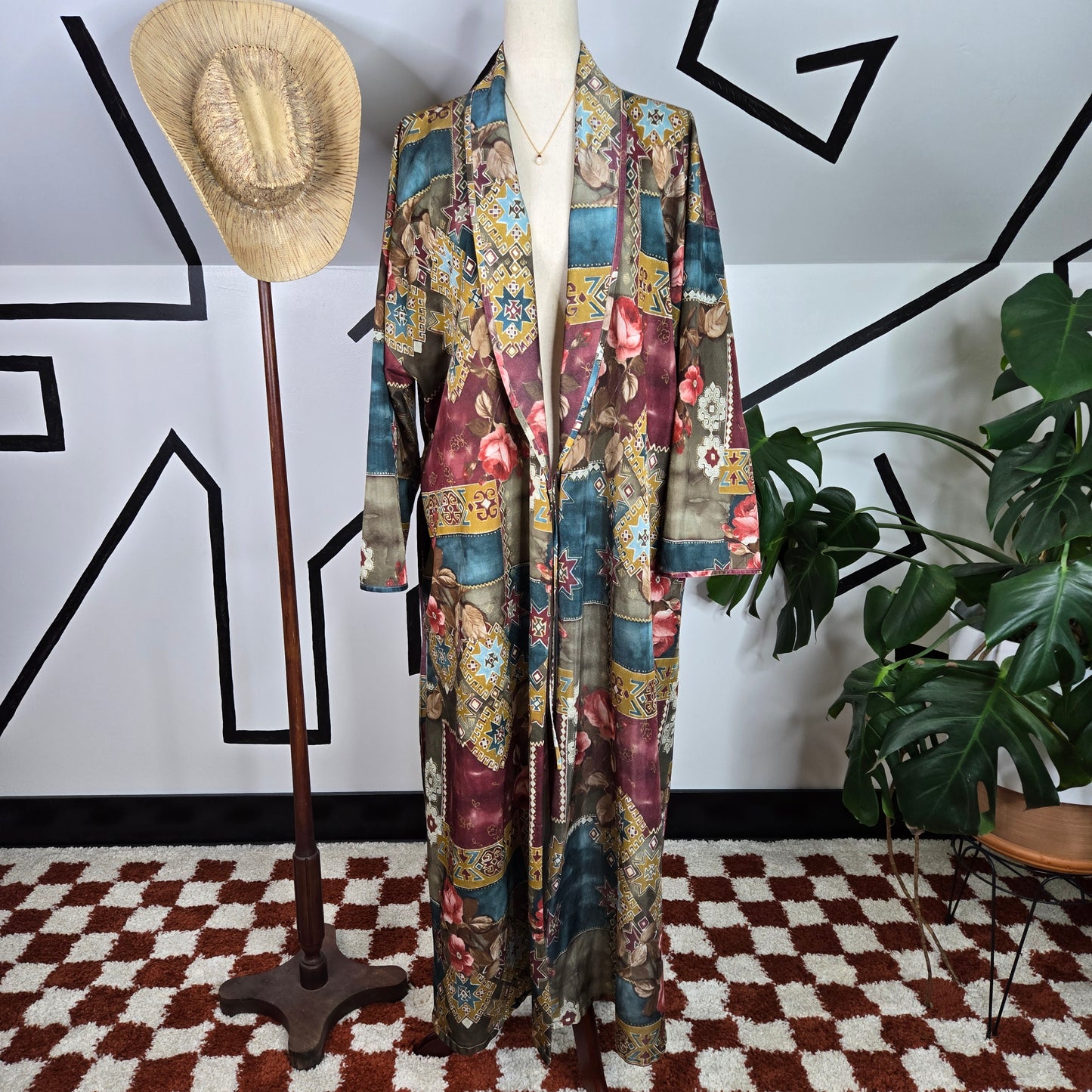 Southwest and Floral Mix Vintage 70s Printed Robe with Belt - XL
