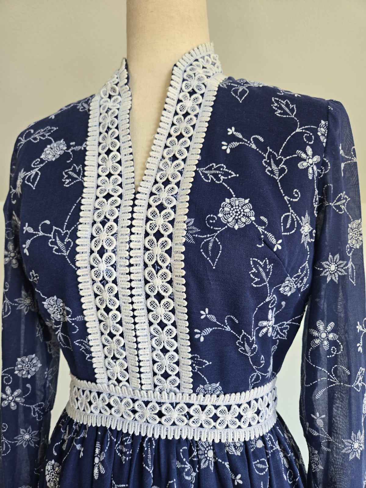 Vintage 70s Navy Blue Floral Embroirdered Maxi Dress - S/M