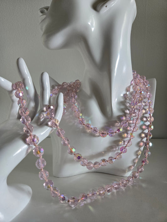 Hand Knotted Pink Glass AB Crystal Long Necklace