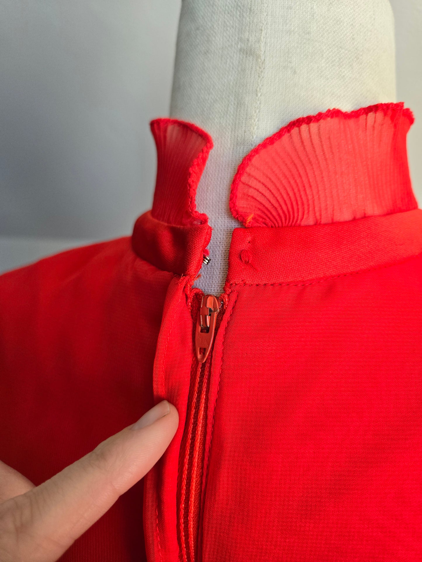 Vintage 1970s Red Dress with Ruffle Front Detail - small