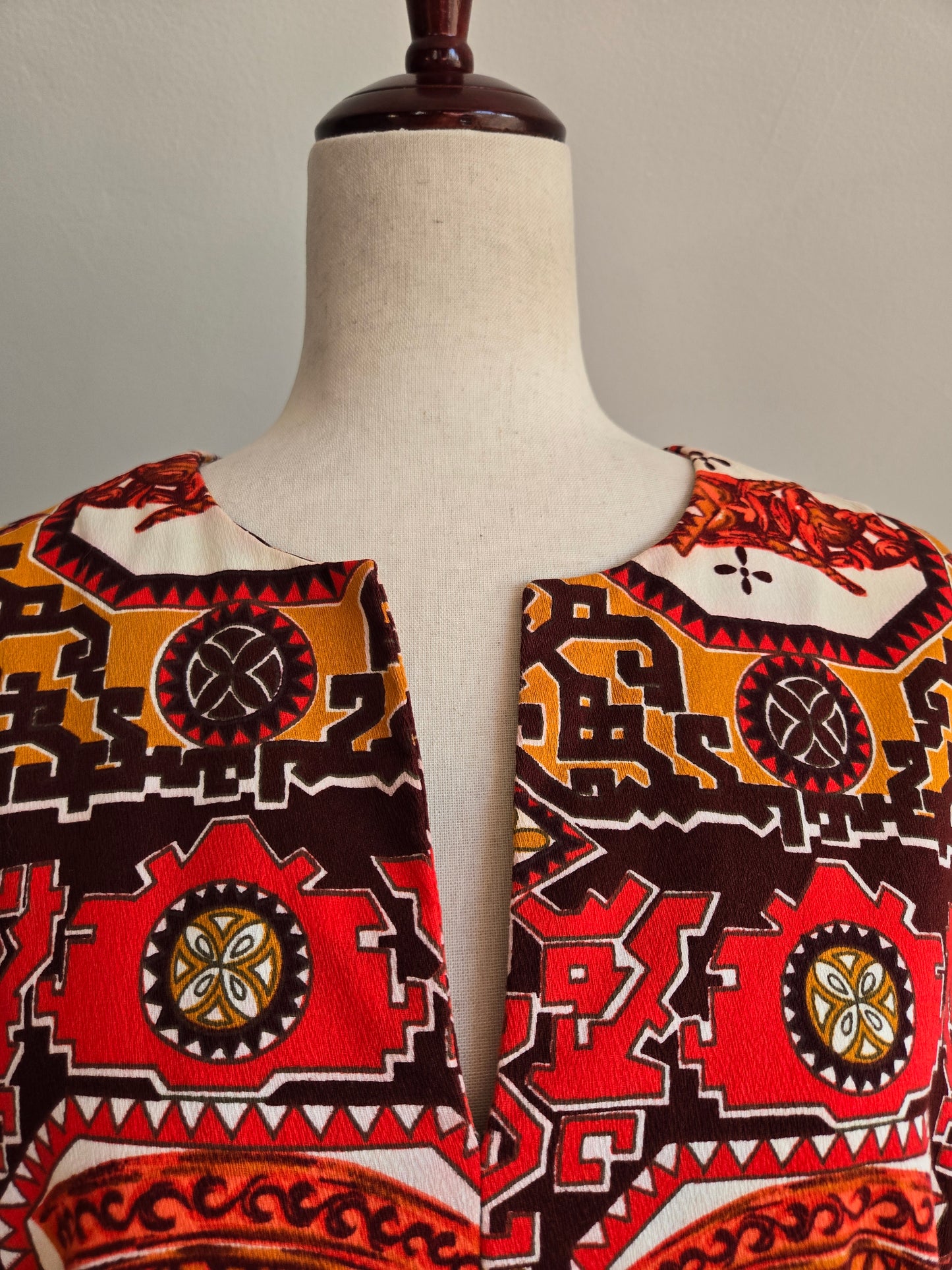 Vintage Barkcloth Red Hawaiian Print Dress - XL