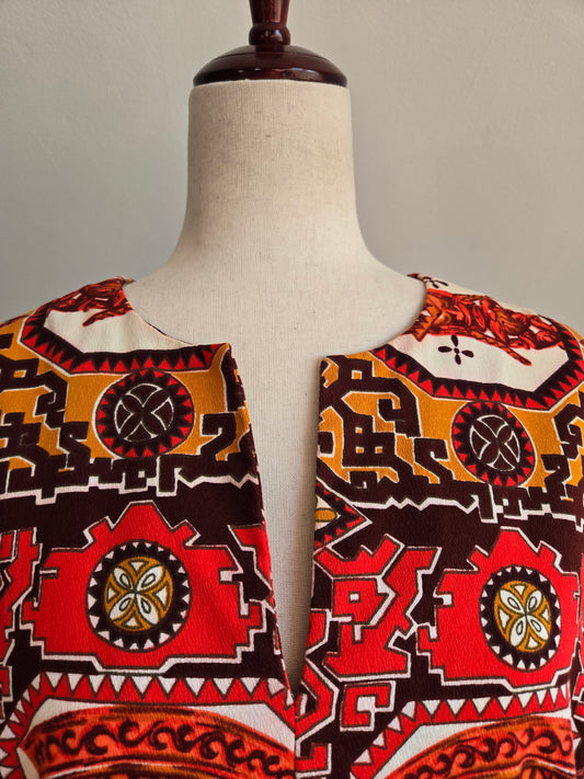 Vintage Barkcloth Red Hawaiian Print Dress - XL