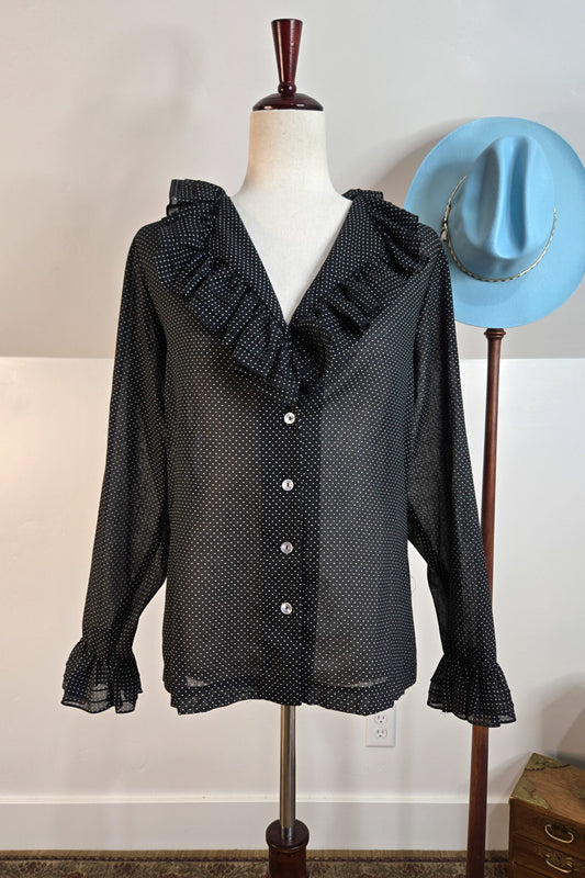 Na'Ma of California 70s Black Tiny Polka Dot Ruffle Top - medium