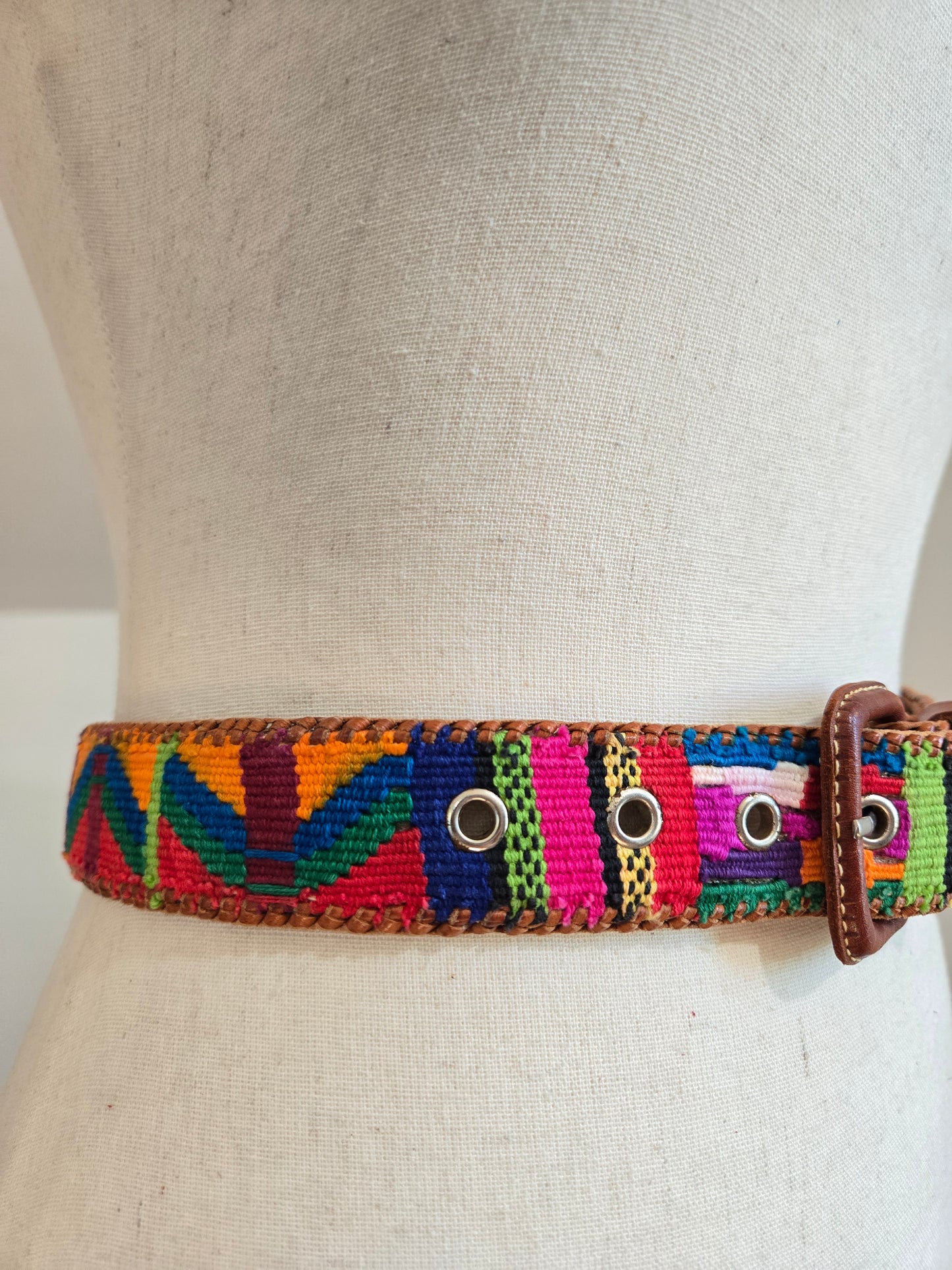 Vintage Leather and Colorful Woven Belt - W32-36"