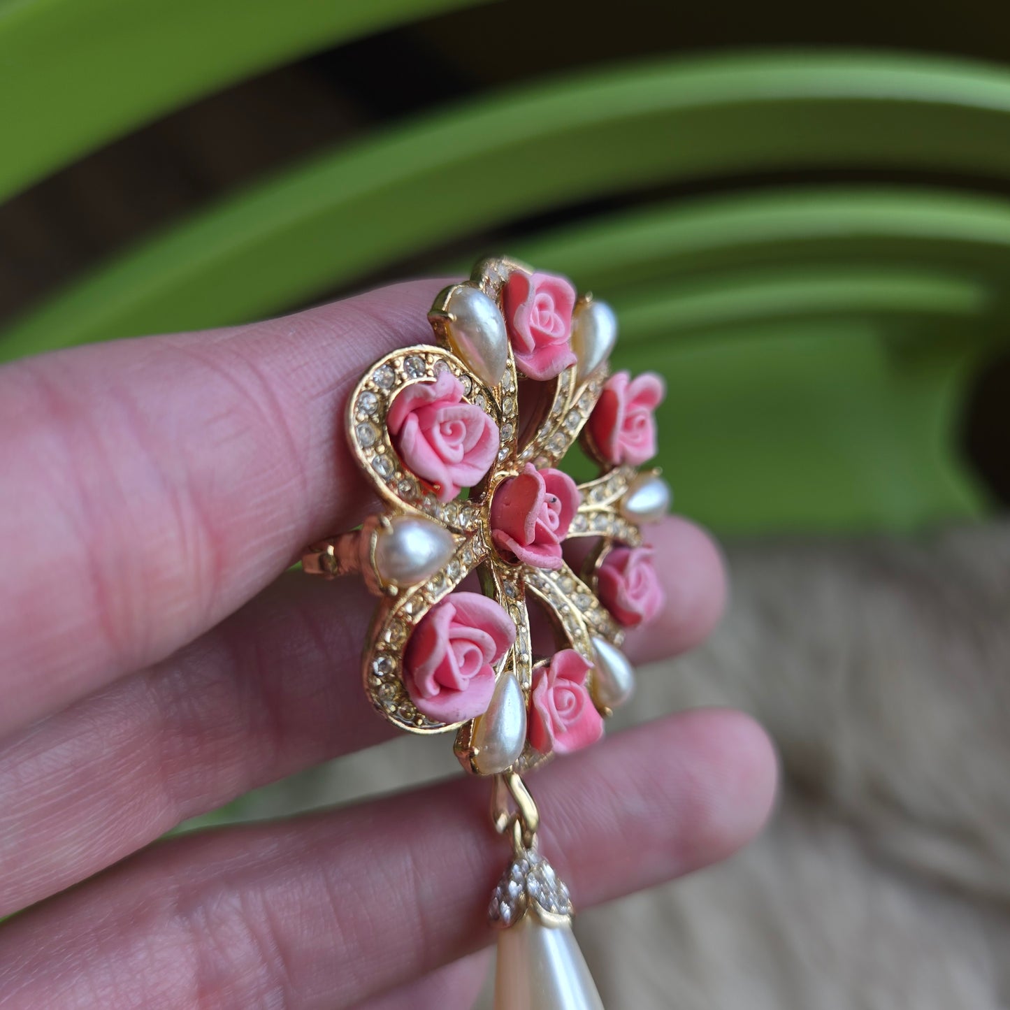 Pink Flowers and Pearls Gold Vintage Dangle Brooch