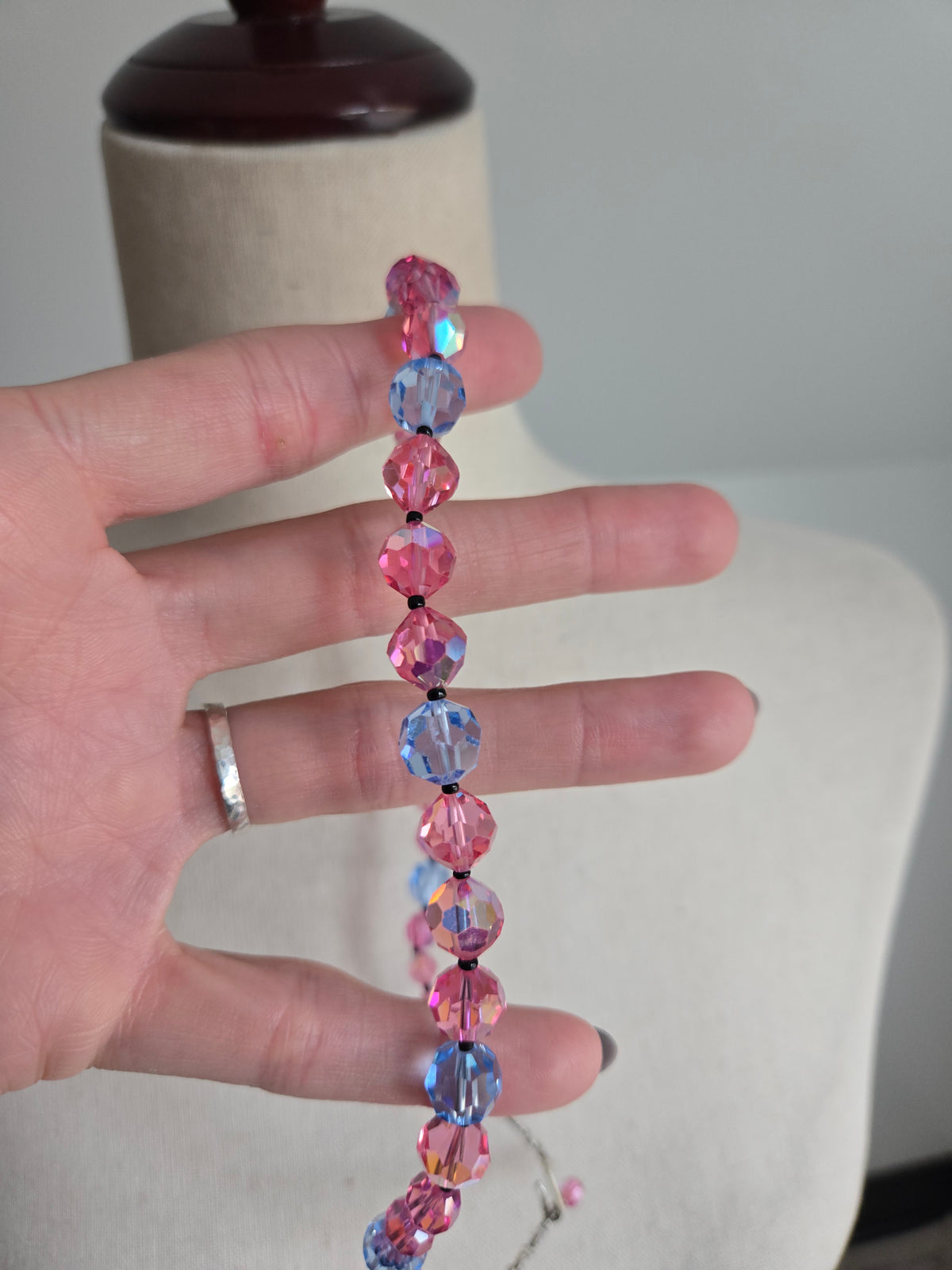 Vintage Pink and Blue Glass AB Bead Necklace