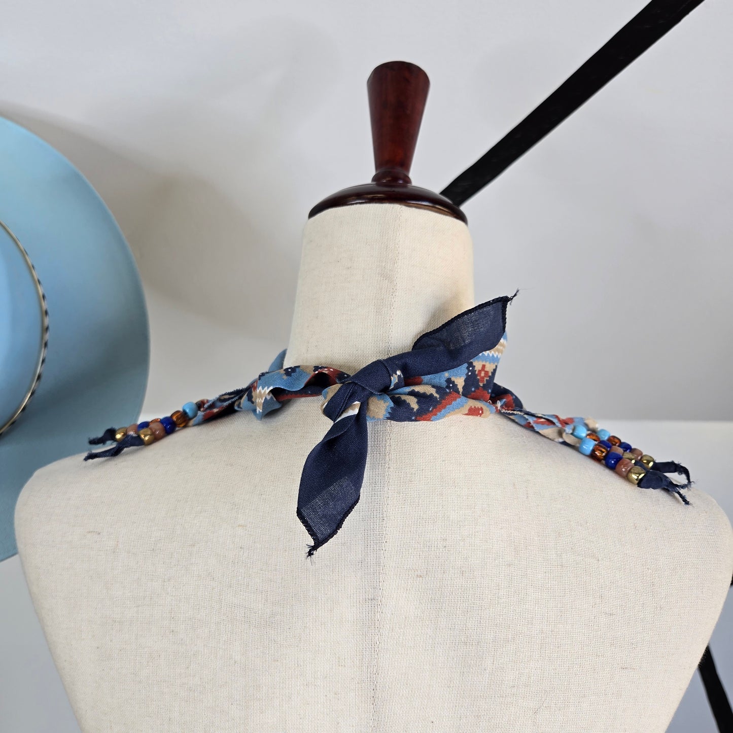 Blue Western Neck Tie Bandana with Beaded Fringe