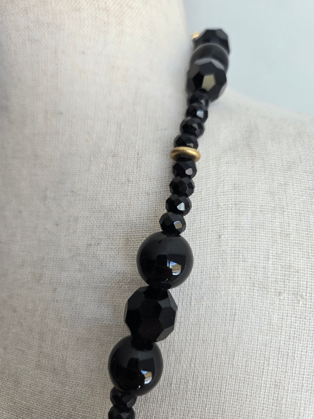 Vintage Large Black Glass Bead Necklace