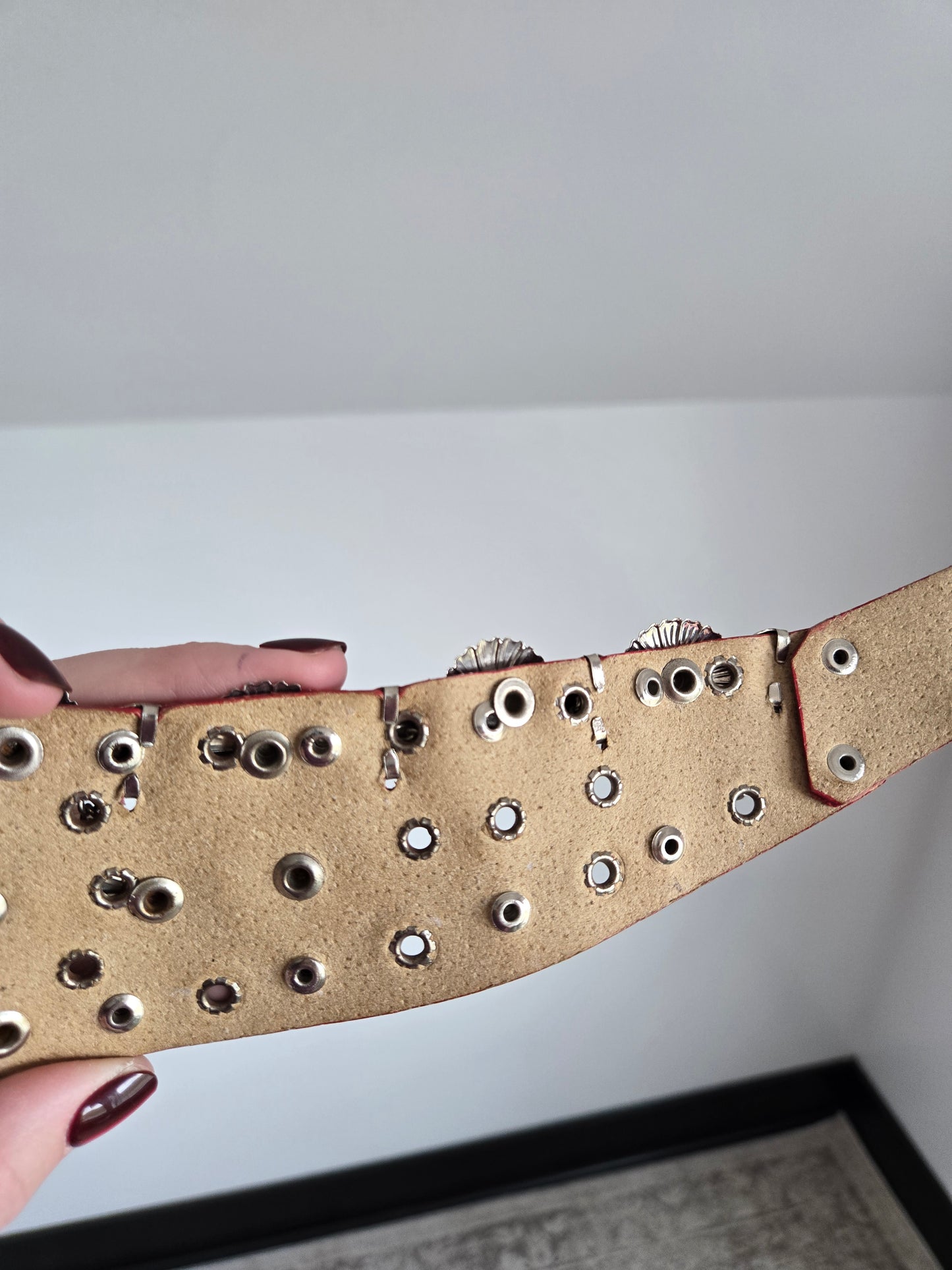 Vintage Red Leather Belt with Silver Coins and Chains - W26-36"