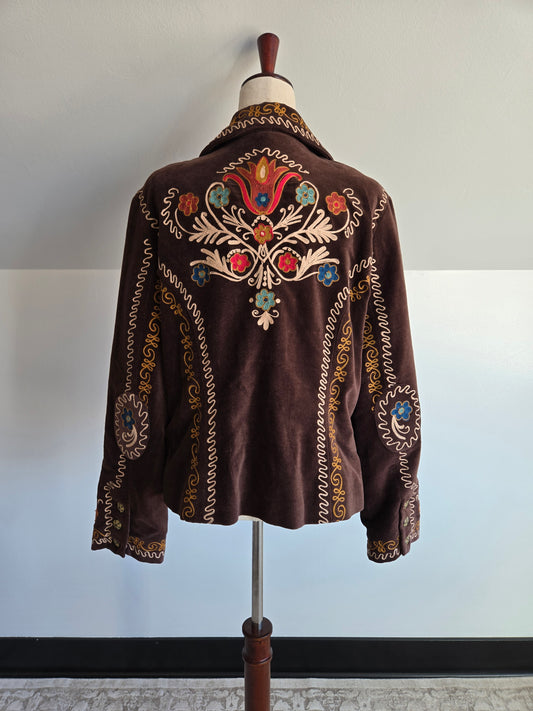 Doubled D Ranch Brown Velvet Blazer with Colorful Stitching Detail - XL