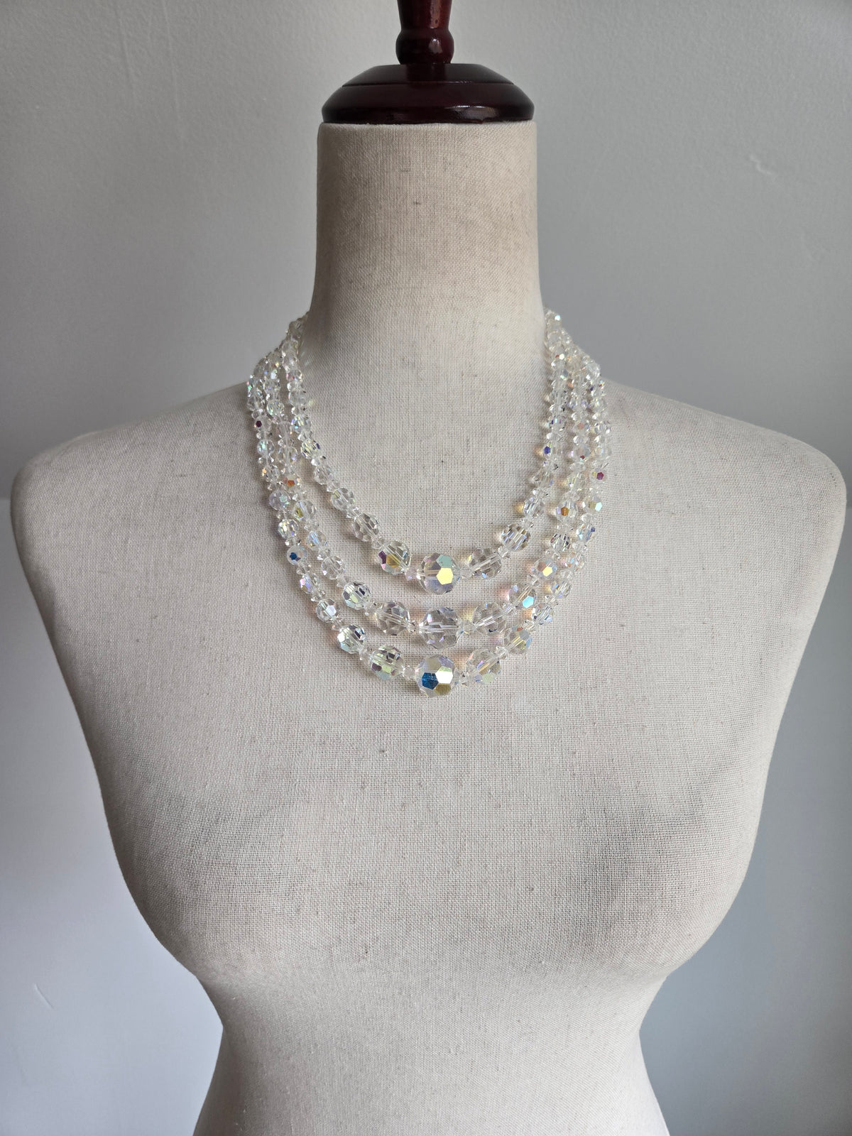 Vintage Three Strand AB Glass Crystal Necklace