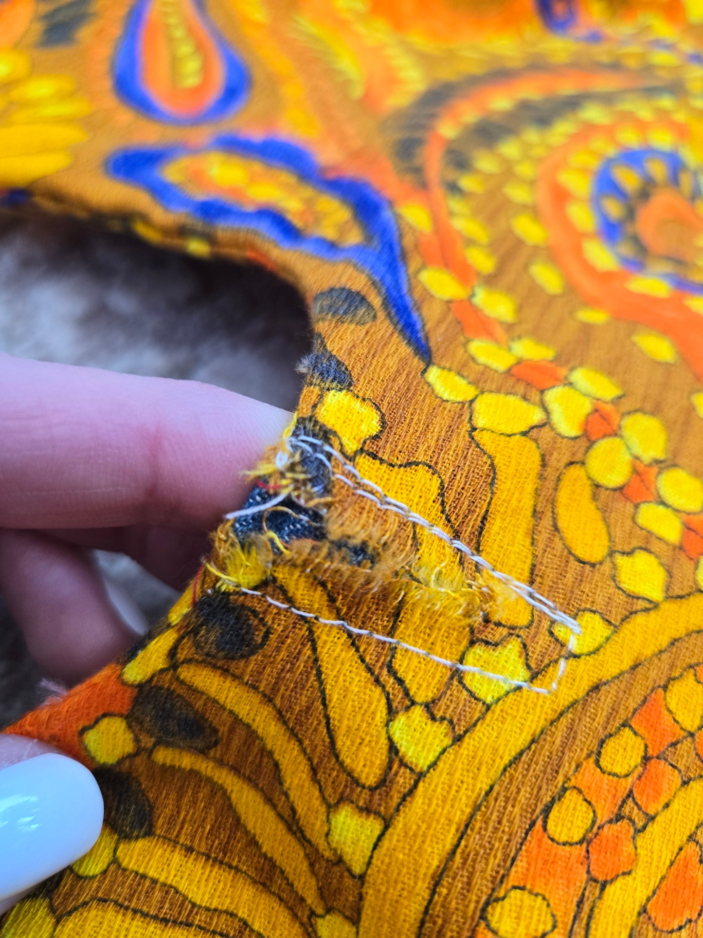 Vintage Barkcloth Orange Psychedelic Dayglo Print Maxi Dress - XS/S