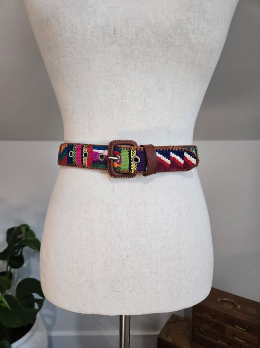 Vintage Leather and Colorful Woven Belt - W32-36"