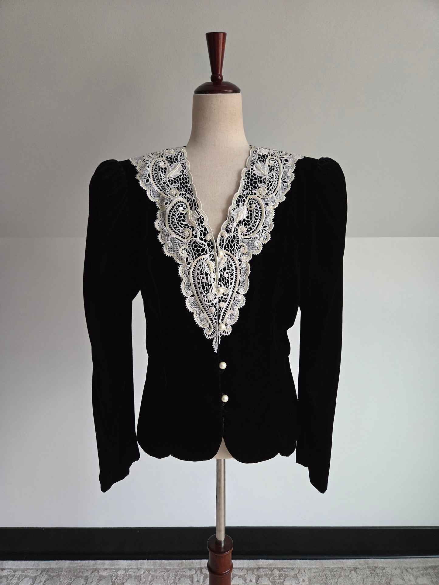 Black Velvet Blazer with Lace and Pearls - Medium/Large