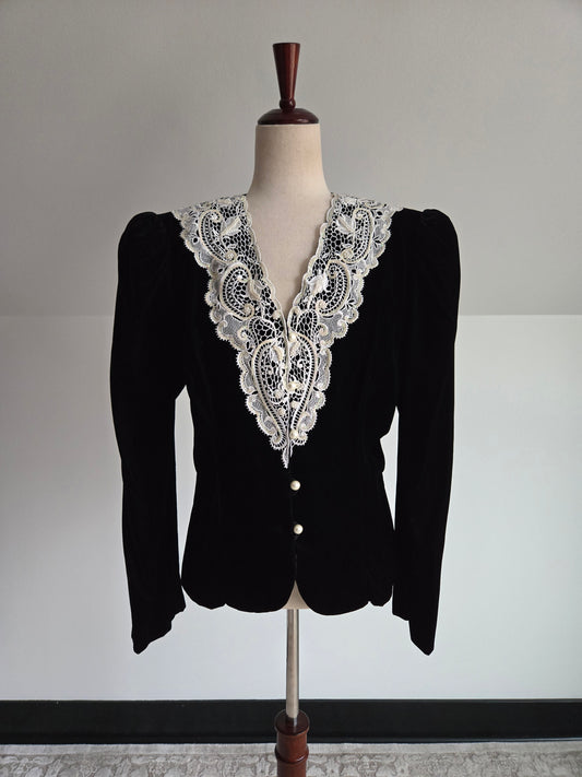 Black Velvet Blazer with Lace and Pearls - Medium/Large