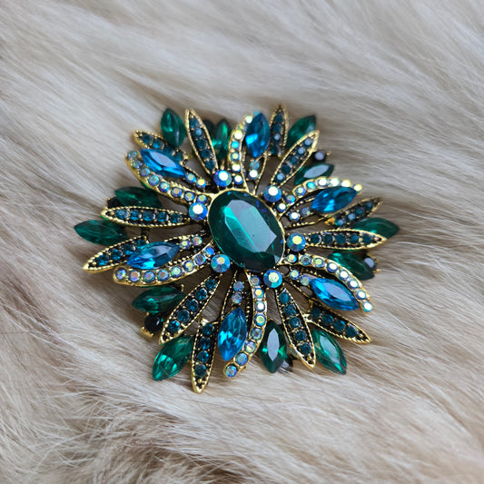 Vintage Large Green and Blue Rhinestone Brooch