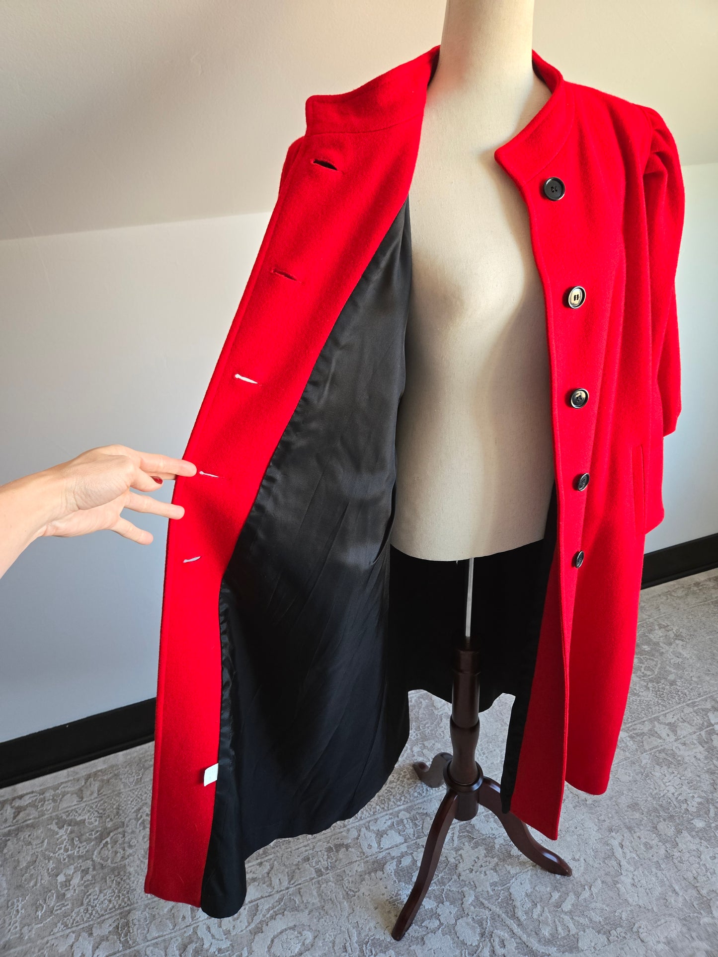 Lady Suzette Vintage 80s Edwardian Revival Bright Red Wool Over Coat - L/XL