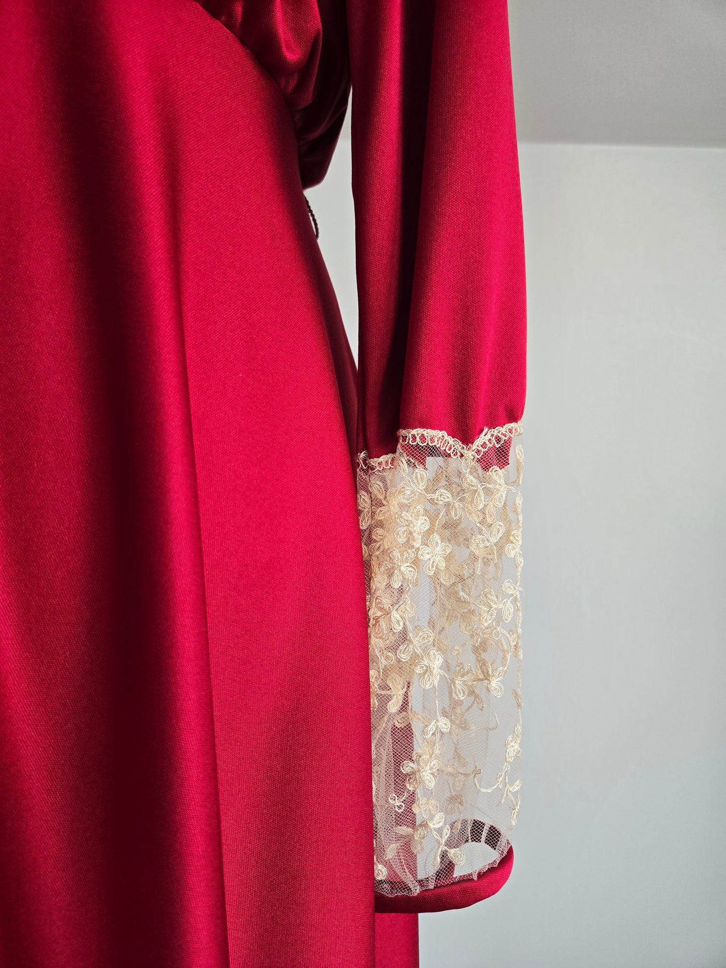 Vintage 1970s Red Slinky Maxi Dress with Shear Lace - Medium