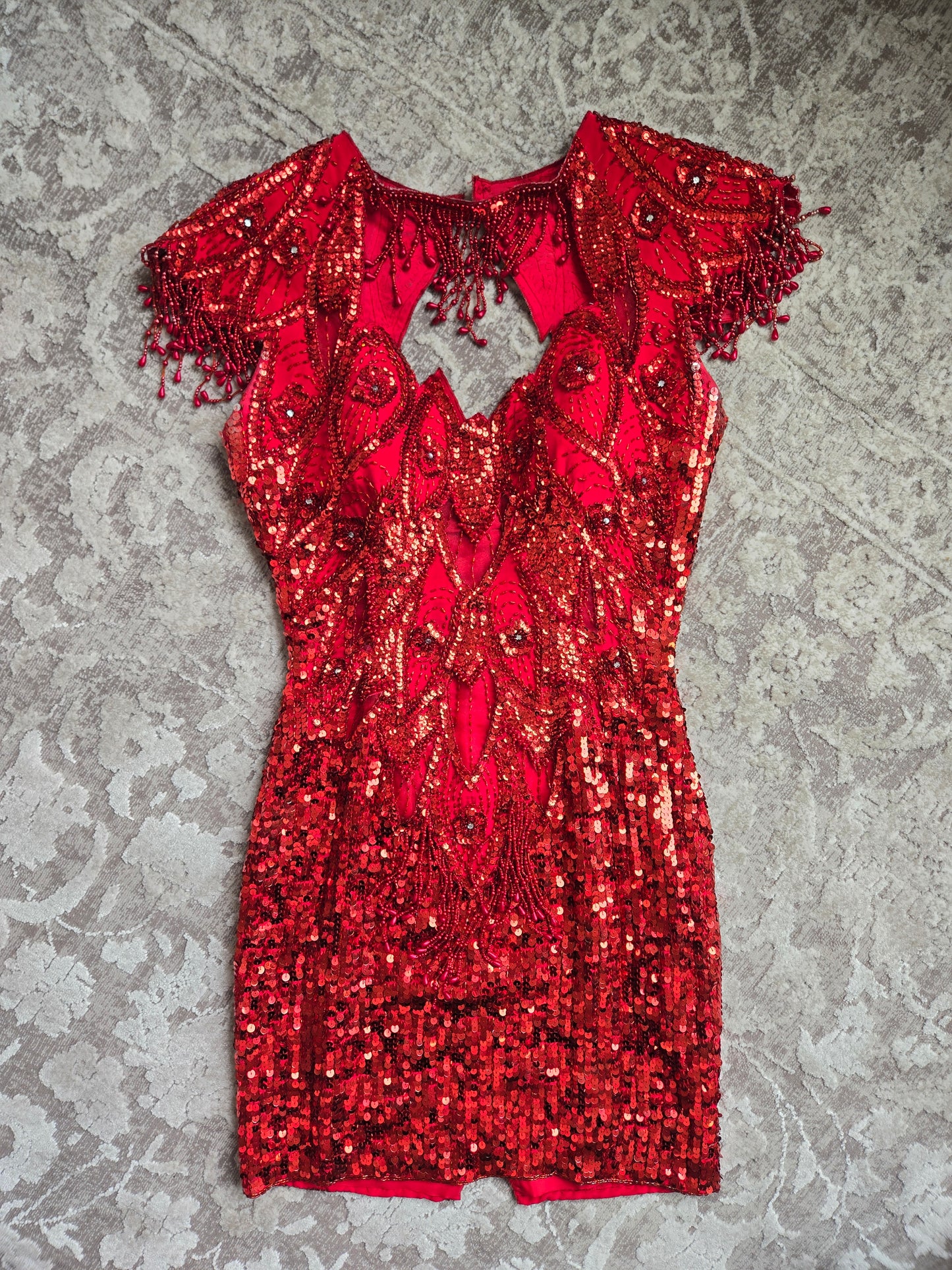 Miss Kansas Estate Vintage Red Beaded and Sequined Hand Made Dress - XS/S