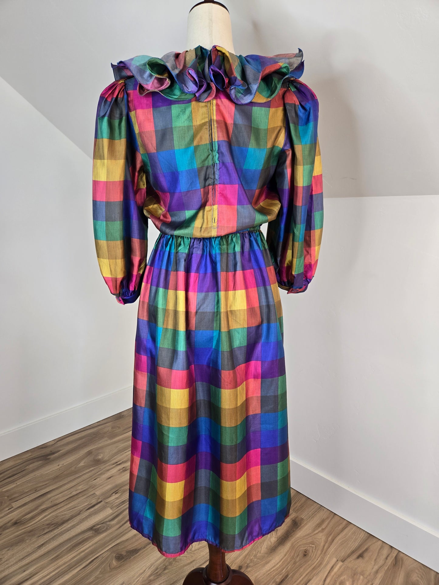 Donna Morgan Vintage 1980s Rainbow Plaid Ruffle Collar Dress - medium