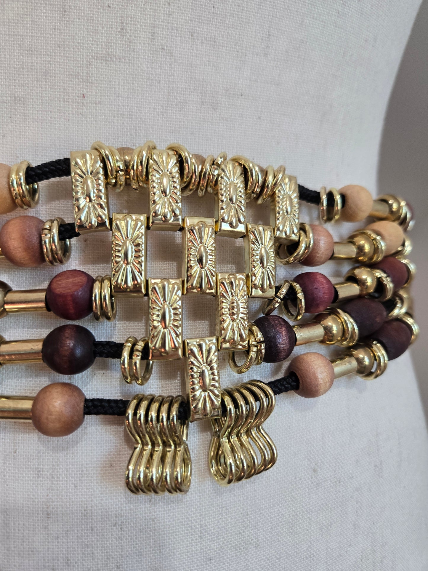 Vintage 80s Boho Wood and Gold Tone Bead Belt - W31-40"