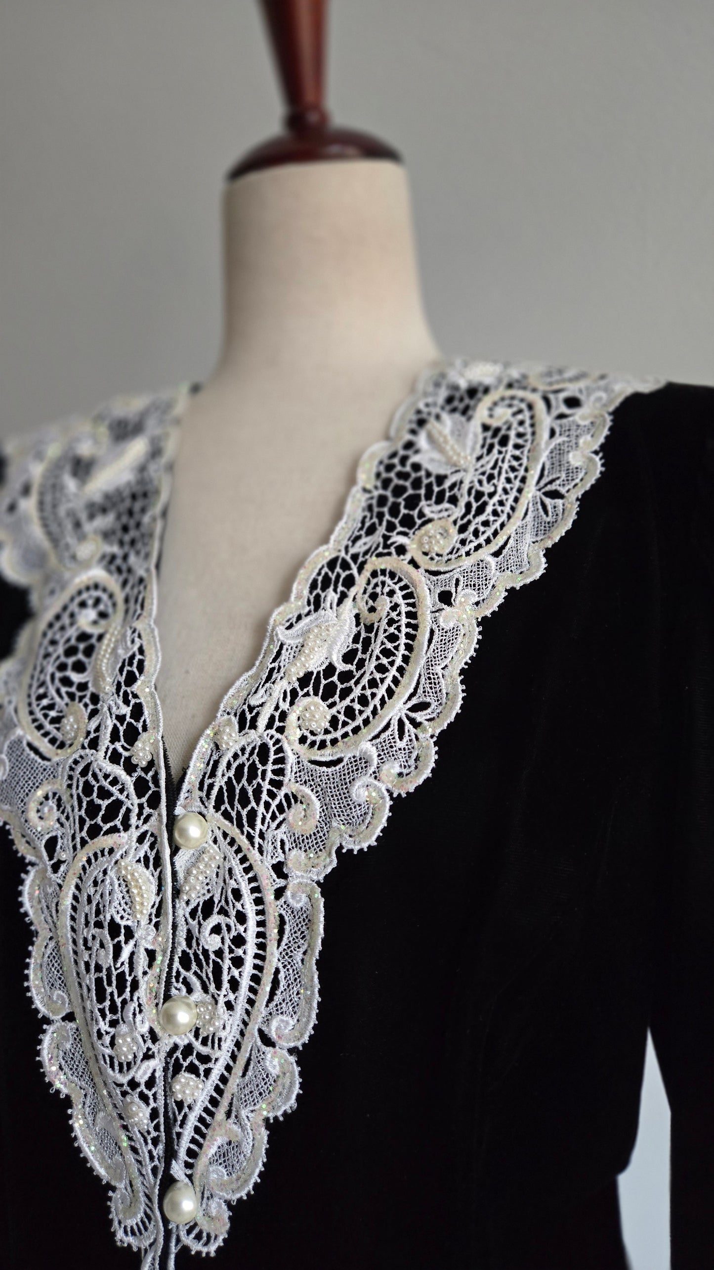 Black Velvet Blazer with Lace and Pearls - Medium/Large