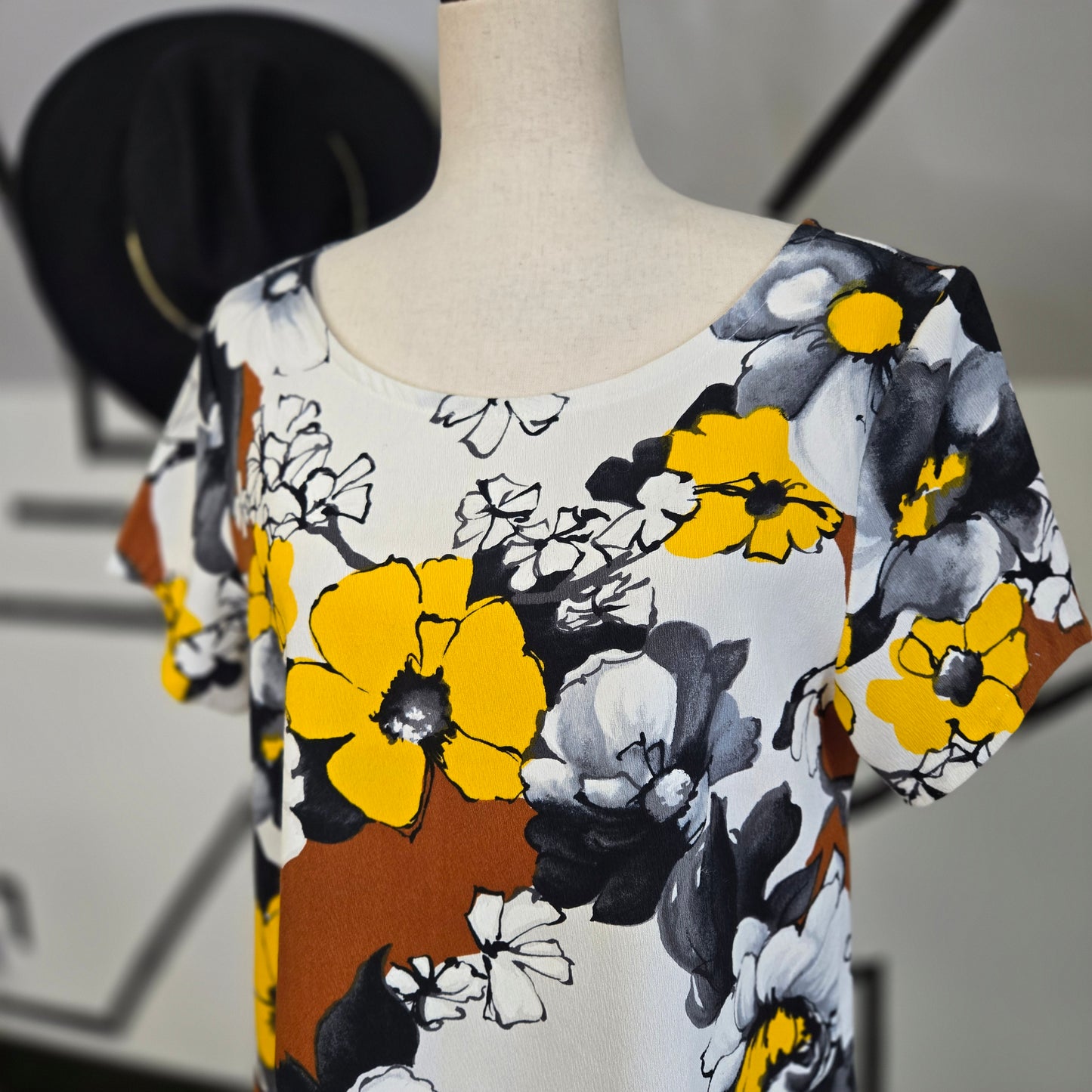 Vintage Barkcloth Yellow, Brown, and Black Flower Power Dress - medium