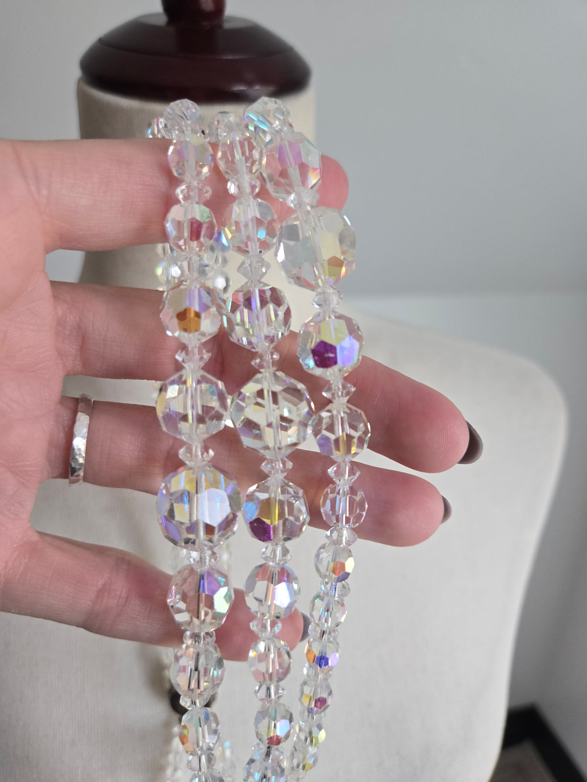 Vintage Three Strand AB Glass Crystal Necklace
