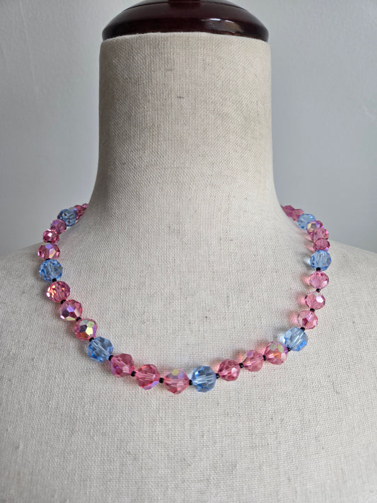 Vintage Pink and Blue Glass AB Bead Necklace