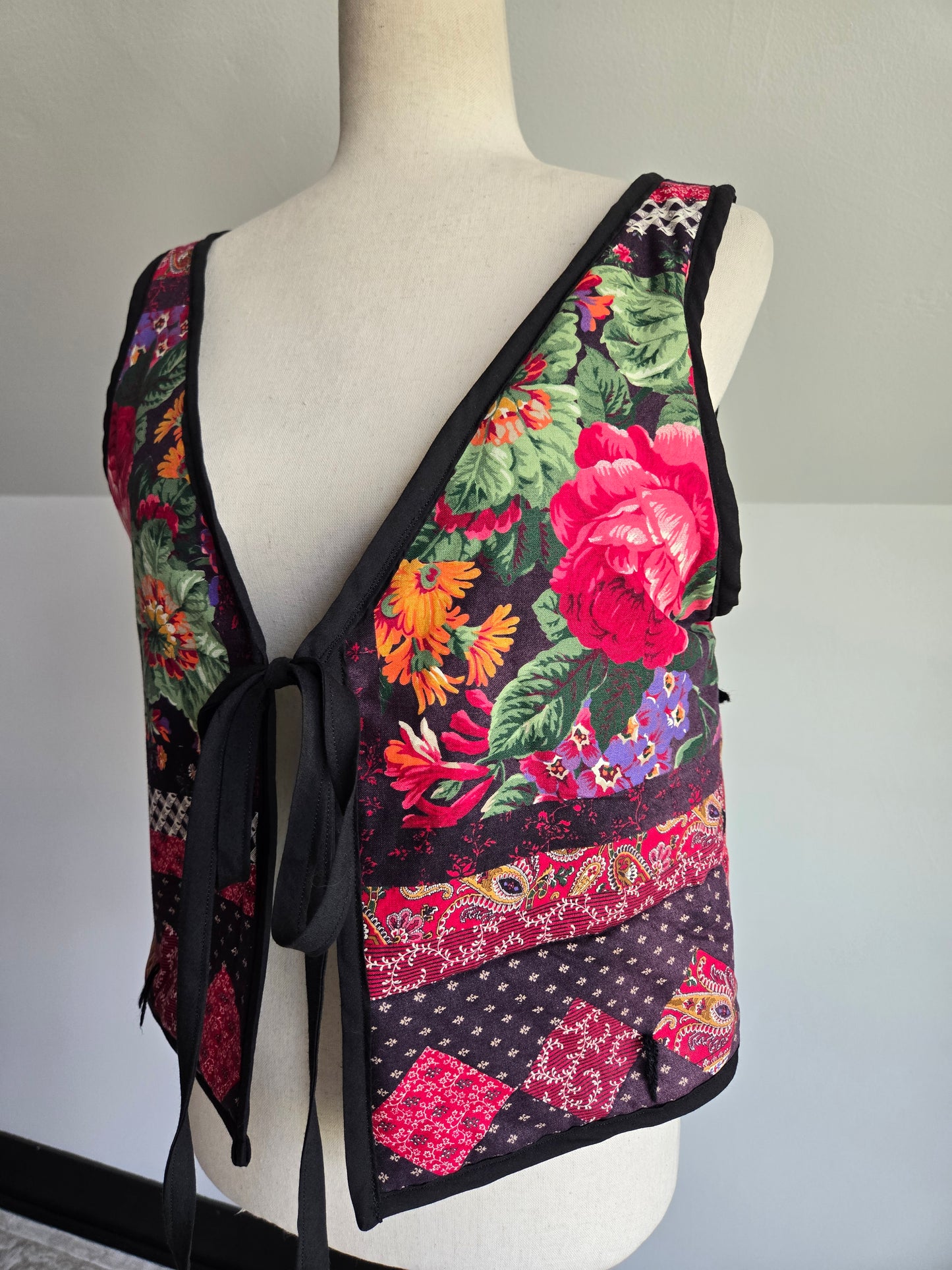 Hand Made Quilted Floral Tie Front Vest - M-XL