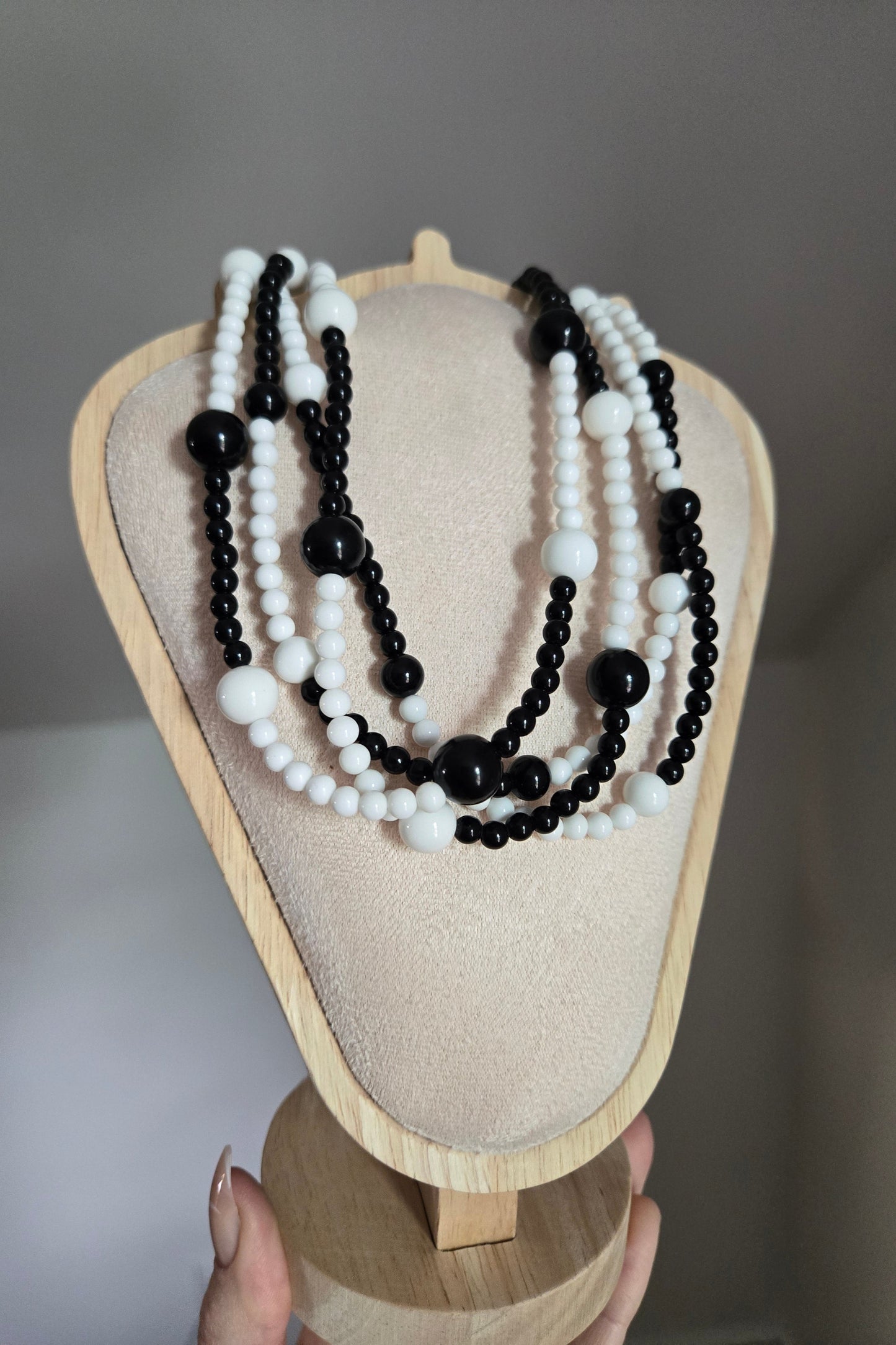 Vintage Black and White Multi Strand Beaded Necklace