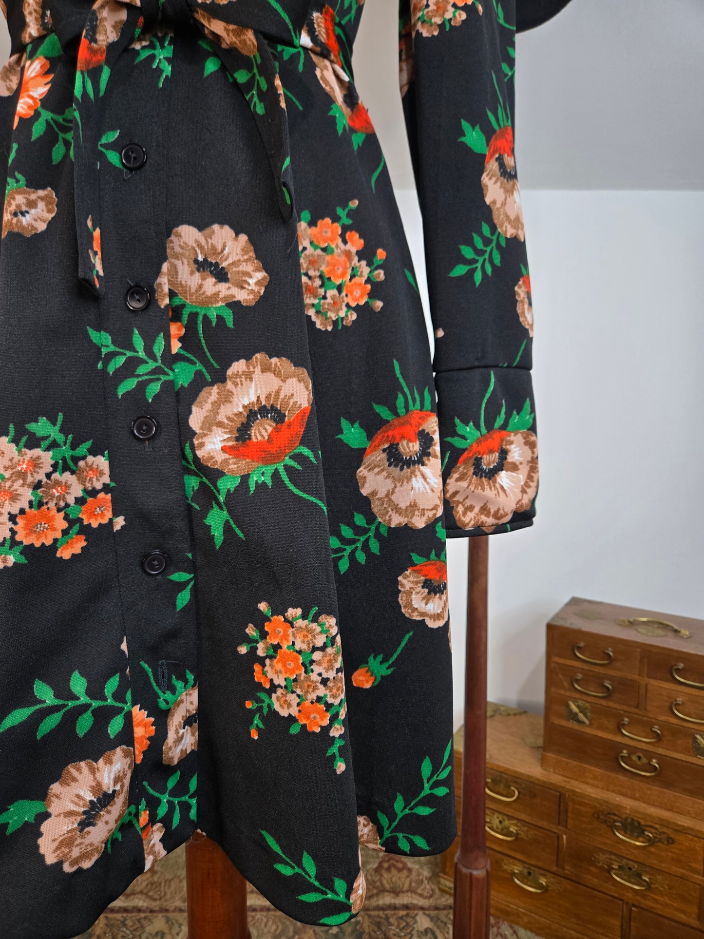 Vintage 70s Black Floral Union Made Mini Dress - medium