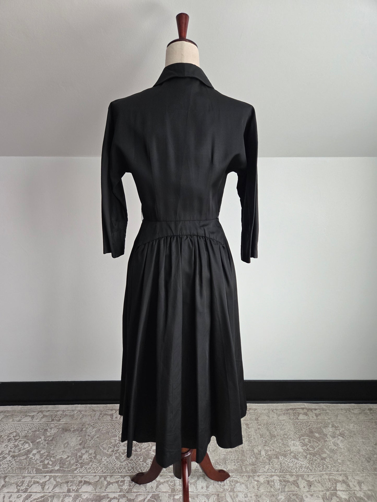 Vintage 1940s Black Satin Day Dress - Small
