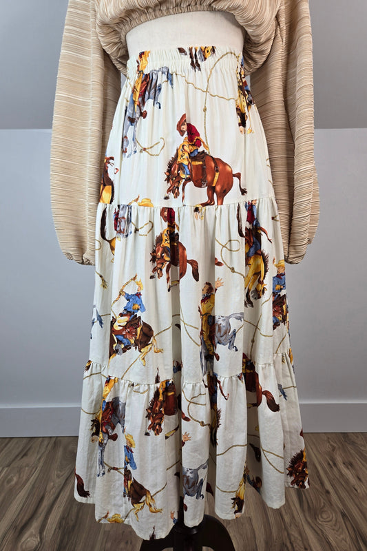 Diamond L Western Wear Cotton White Cowboy Print Skirt - XS