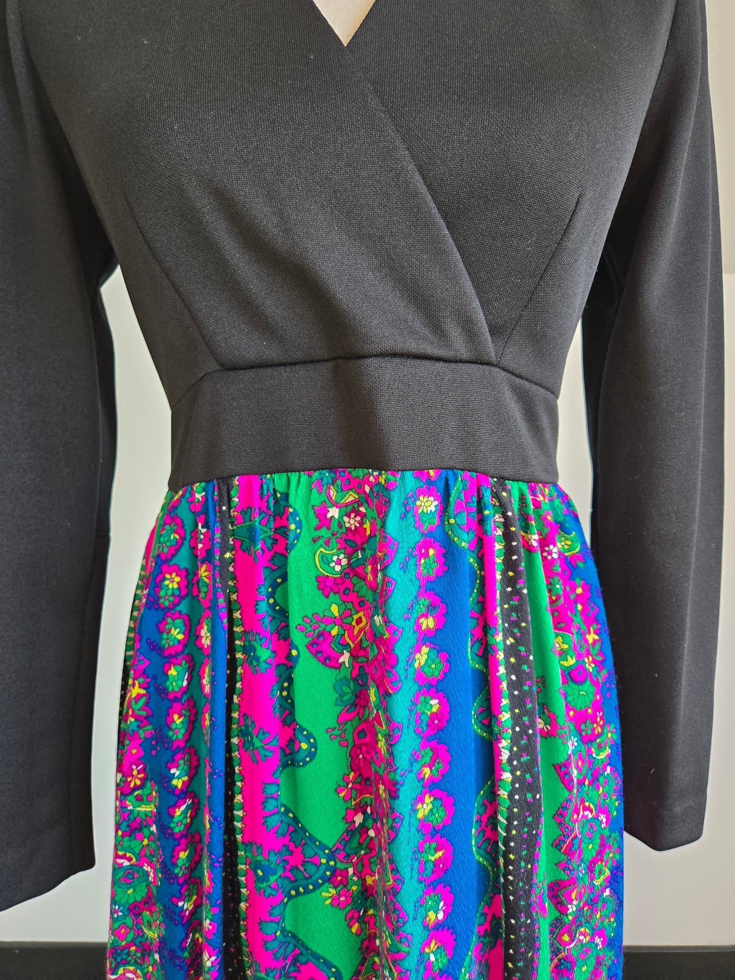 Vintage 70s Black Maxi Dress with Barkcloth Skirt - small