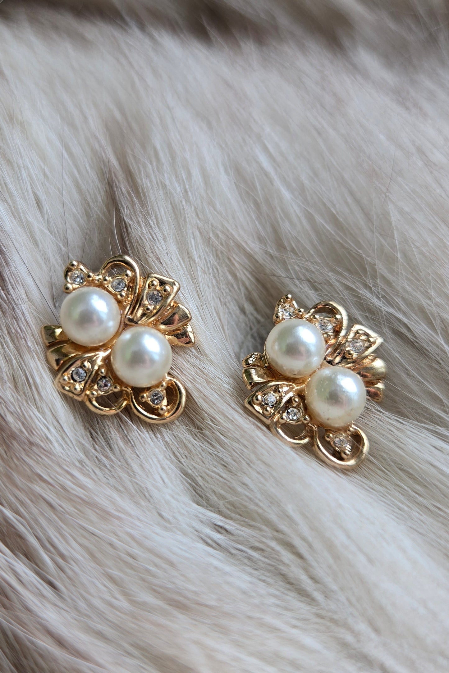 Vintage Gold and Faux Pearl Stud Earrings - Post Back