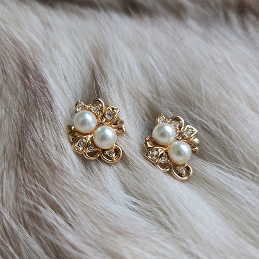 Vintage Gold and Faux Pearl Stud Earrings - Post Back