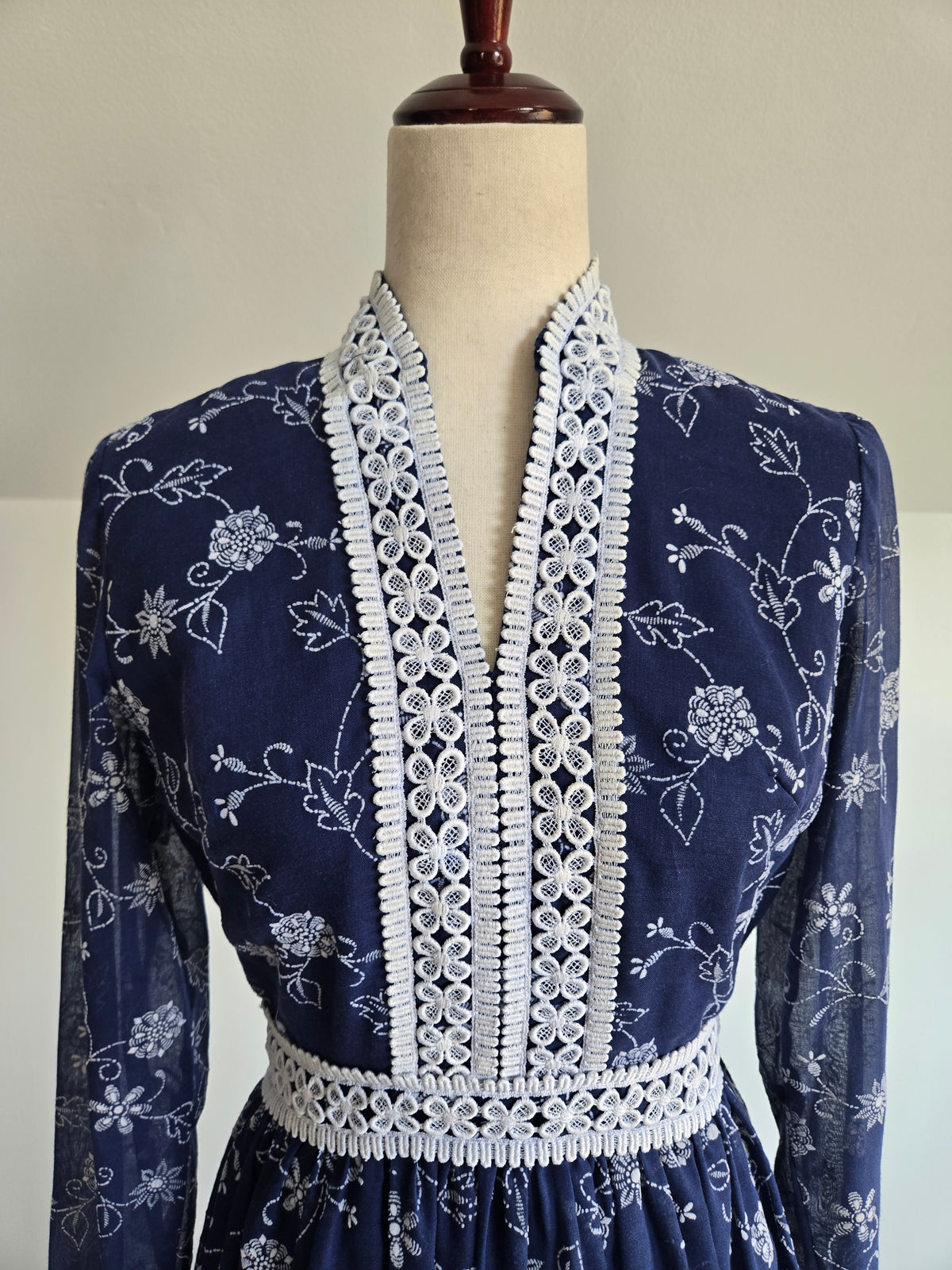 Vintage 70s Navy Blue Floral Embroirdered Maxi Dress - S/M