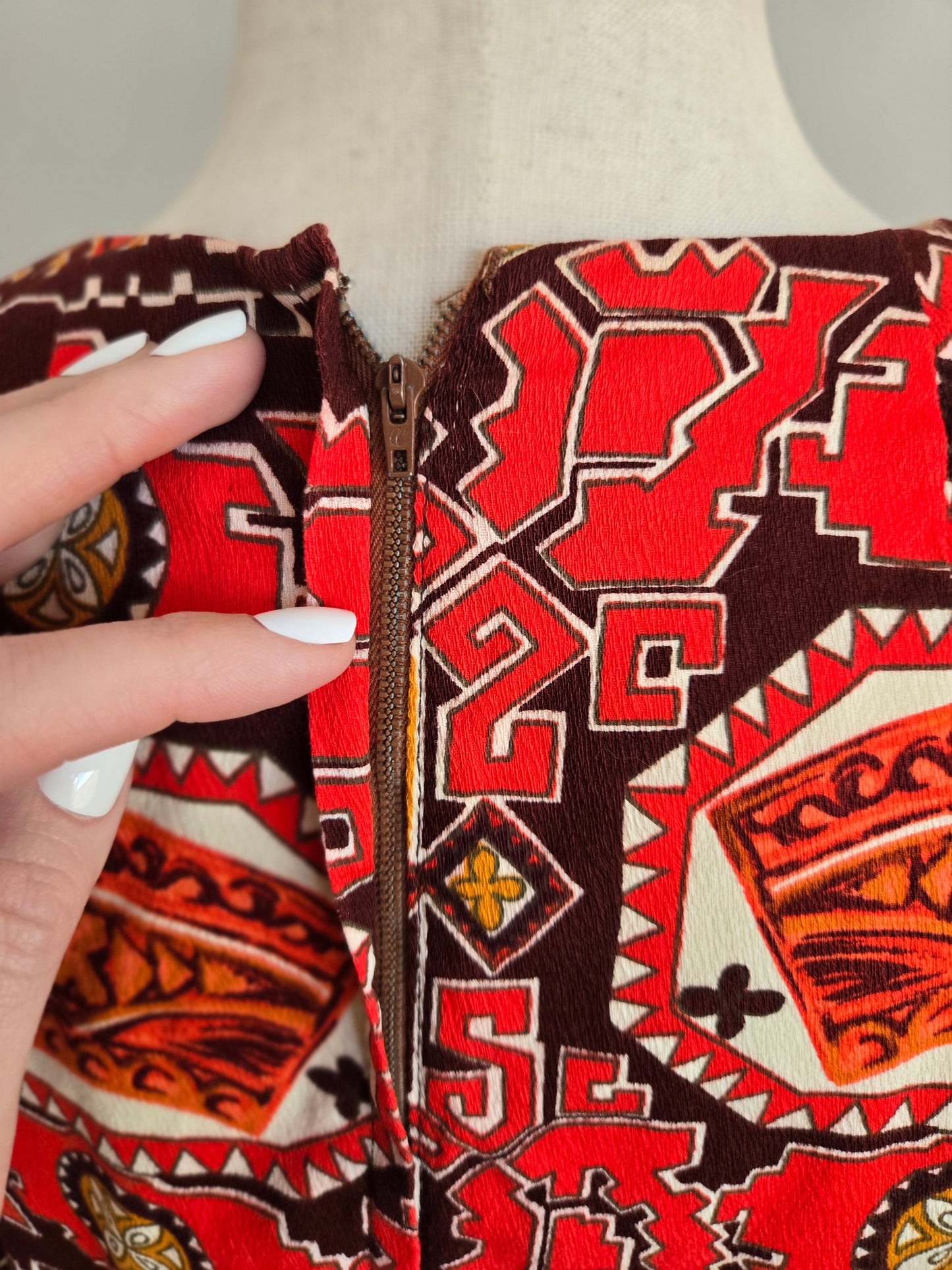 Vintage Barkcloth Red Hawaiian Print Dress - XL