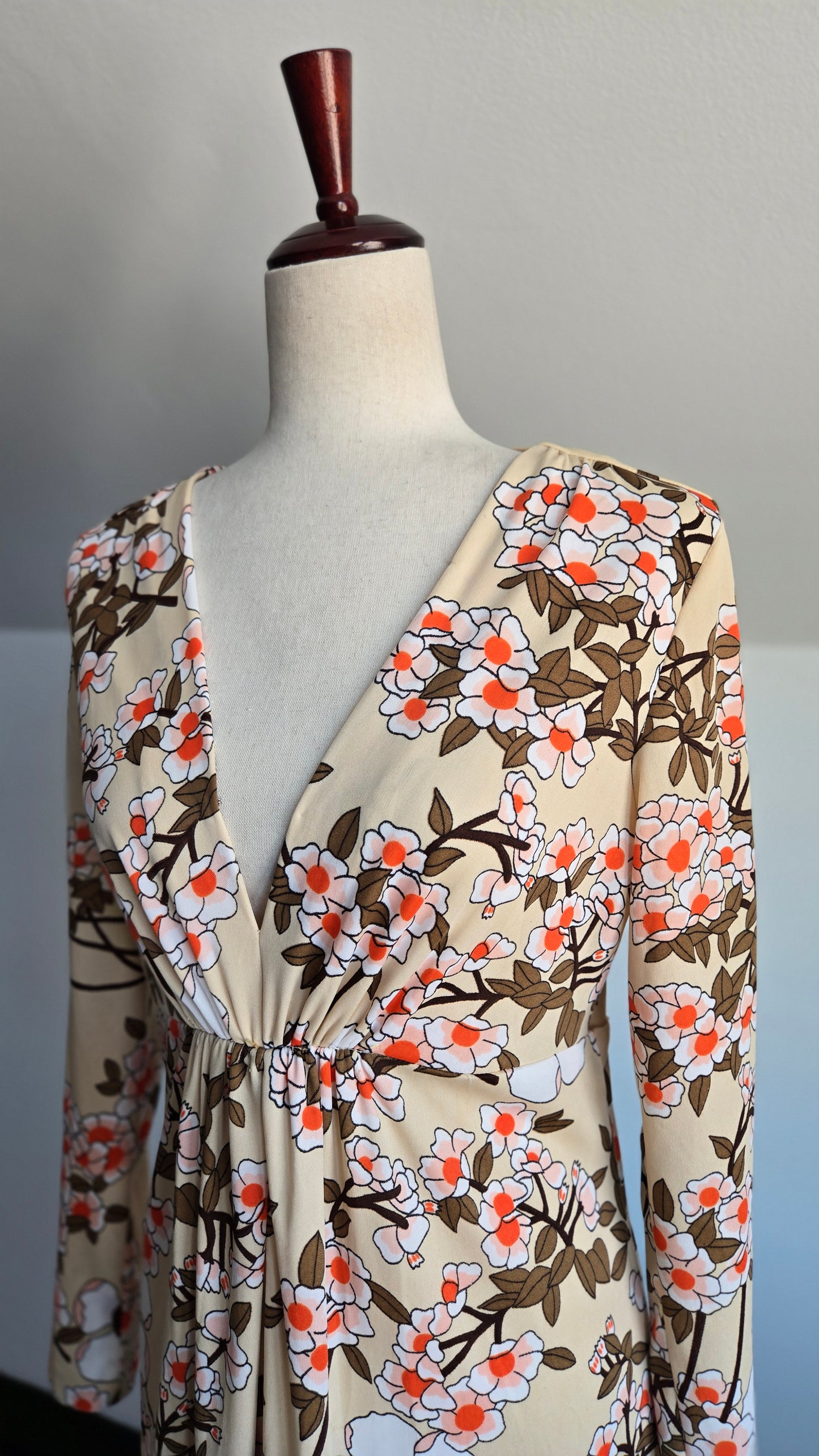 Vintage 70s Tan Floral Print Maxi Dress - medium