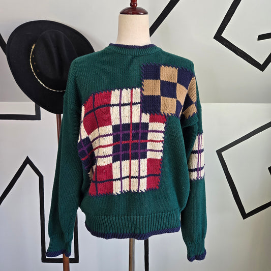 English Sports Shop Bermuda Vintage Plaid Patchwork Sweater - large