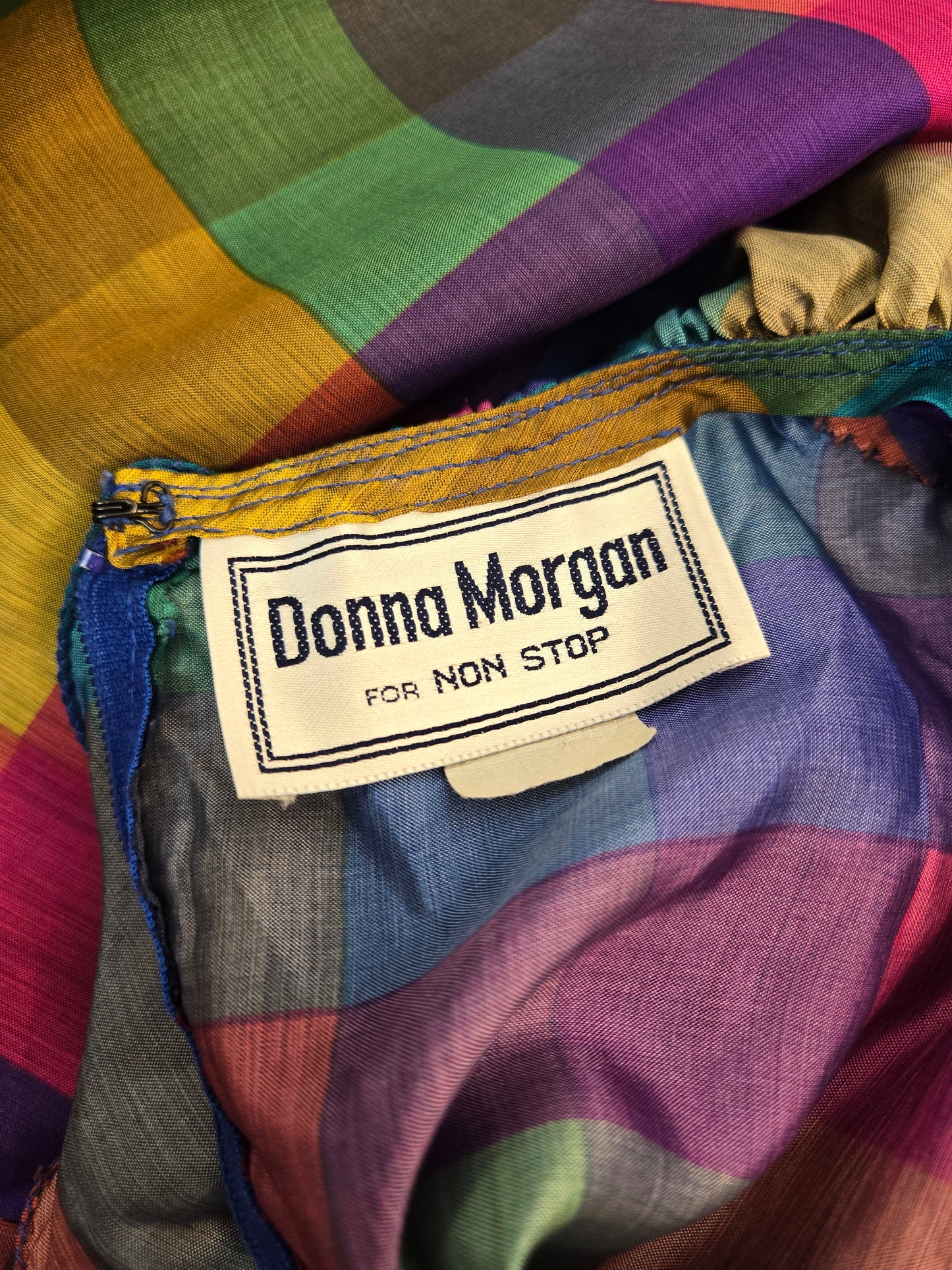 Donna Morgan Vintage 1980s Rainbow Plaid Ruffle Collar Dress - medium