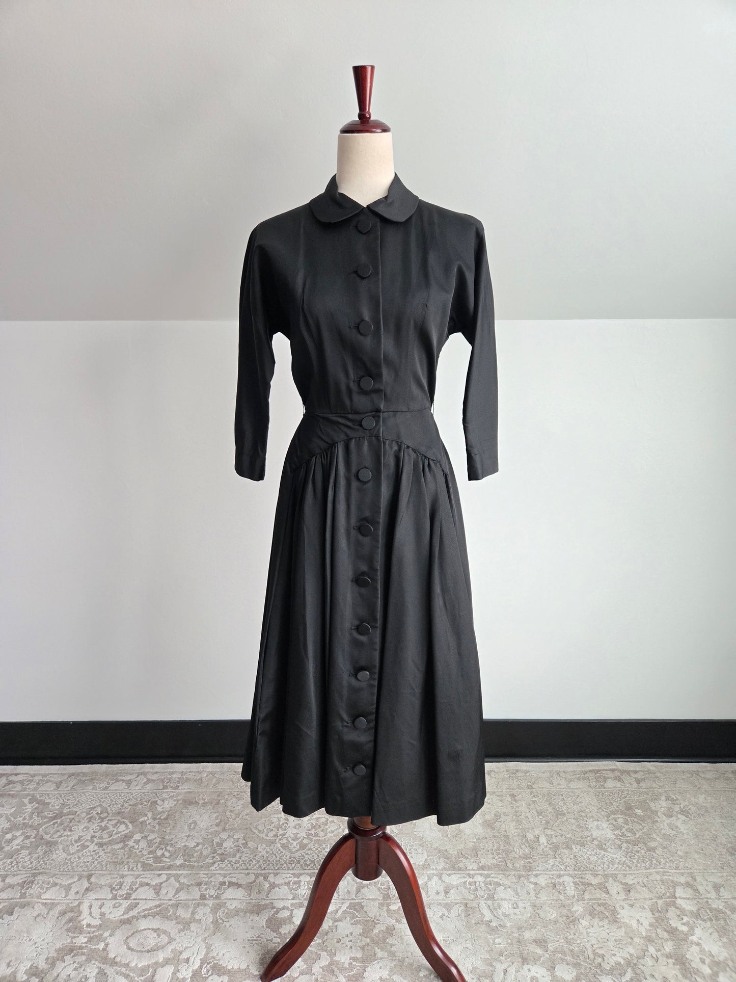 Vintage 1940s Black Satin Day Dress - Small