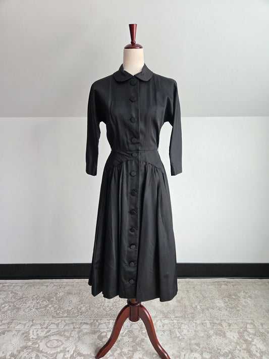 Vintage 1940s Black Satin Day Dress - Small