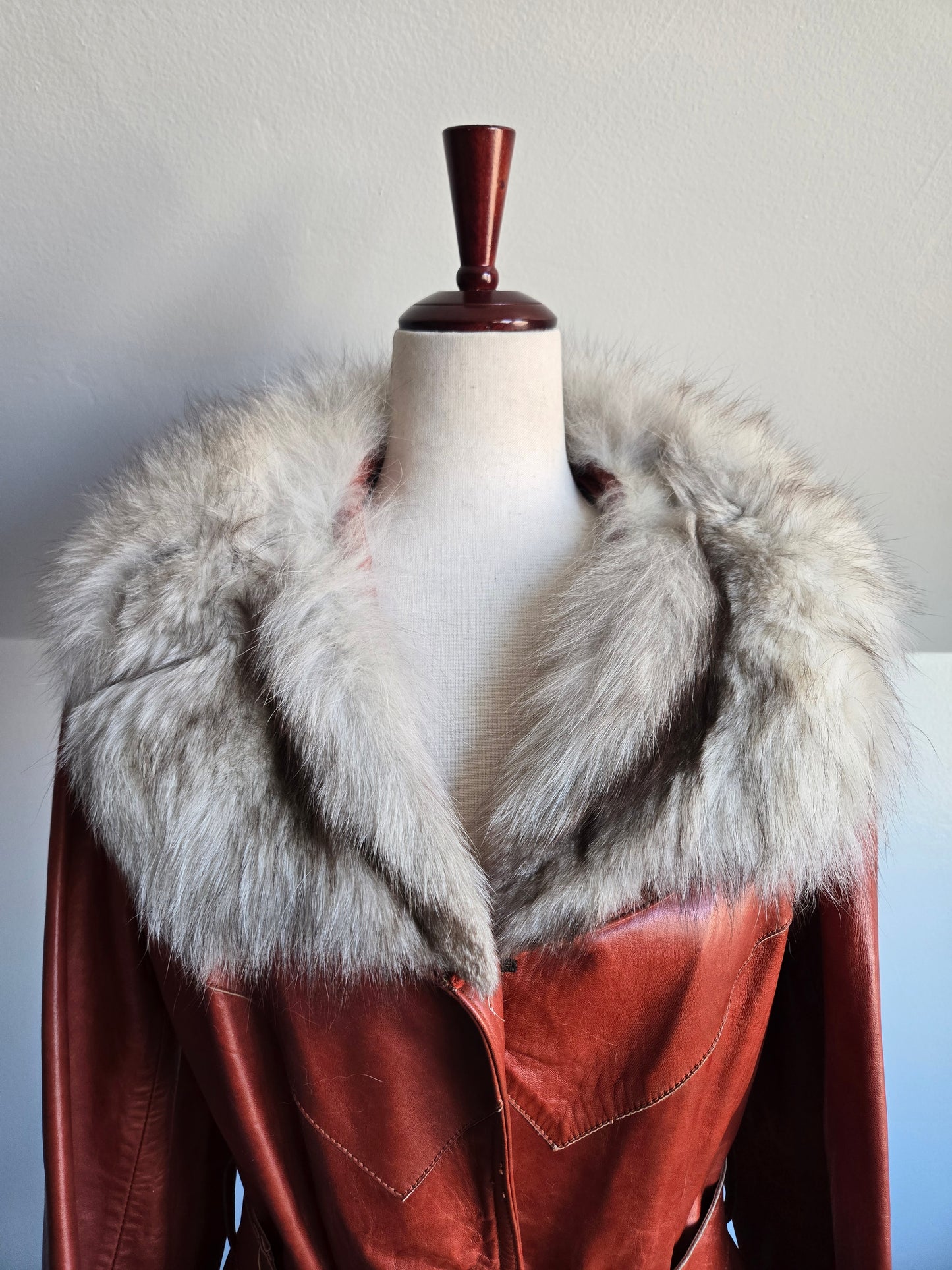 Napa Y Ante Skin Gear 1970s Patchwork Brown Leather Trench with Coyote Fur - Medium