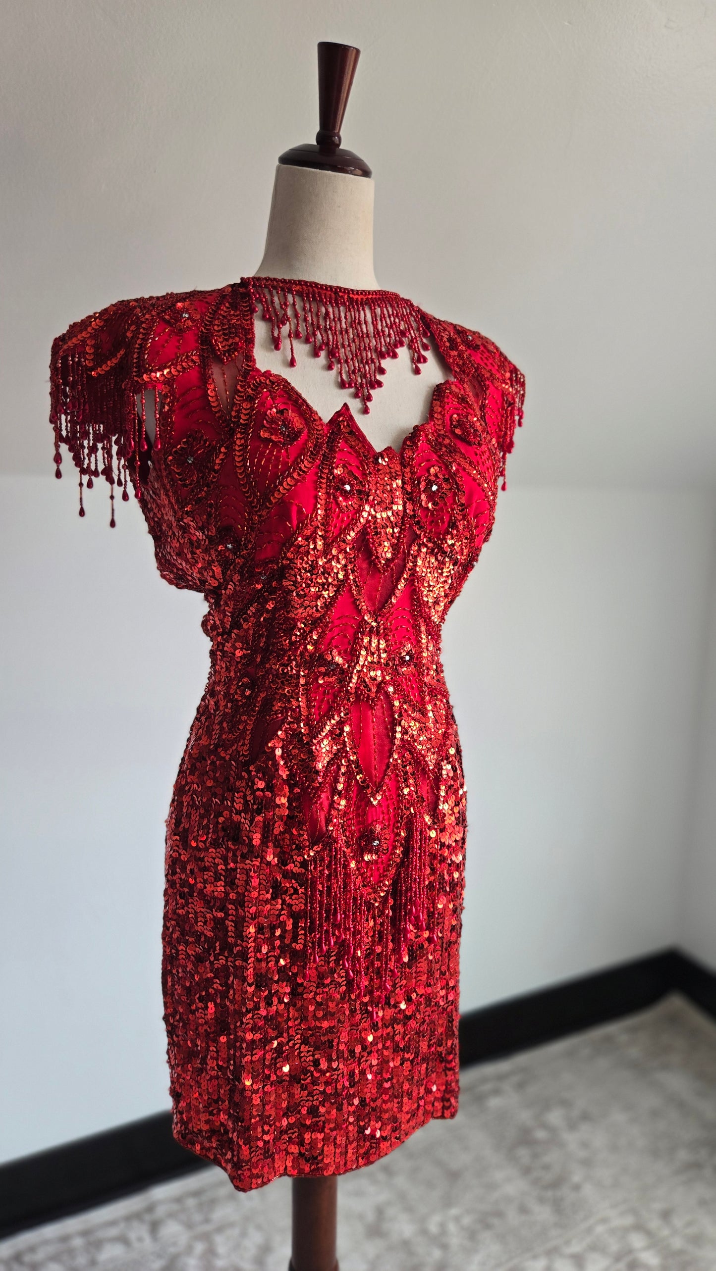Miss Kansas Estate Vintage Red Beaded and Sequined Hand Made Dress - XS/S