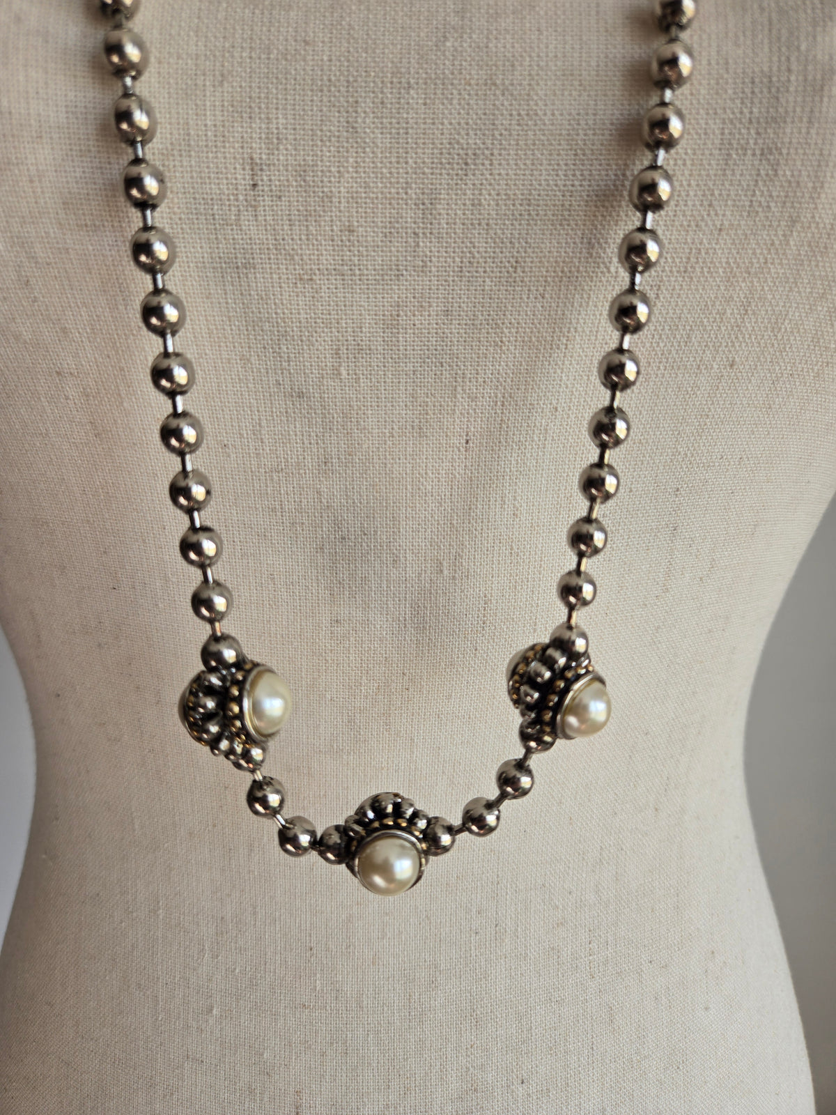 Vintage Metal Bead Necklace with Pearl Cabs